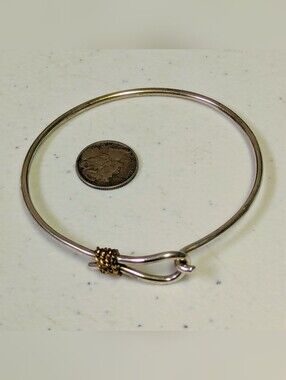 Vintage 925 Sterling Silver Two-Tone Hook Eye Bangle Bracelet - Gold Accent